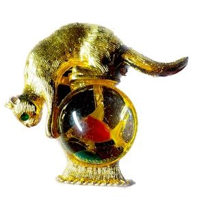 Vintage Gold Crown Cat Fishbowl Brooch